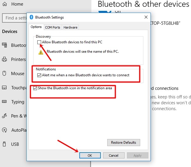 Bluetooth settings discoverable