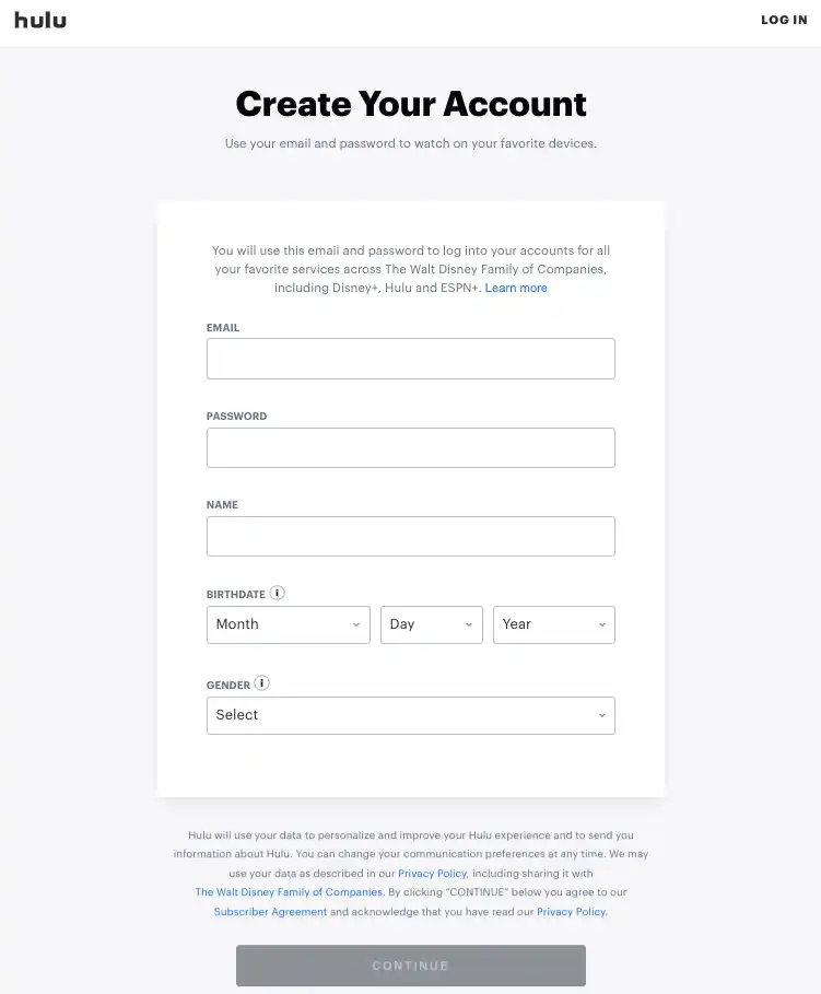 Create account on hulu